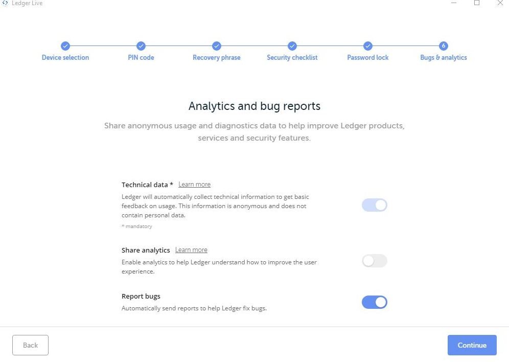 Ledger Live - Analytics and Bug screen